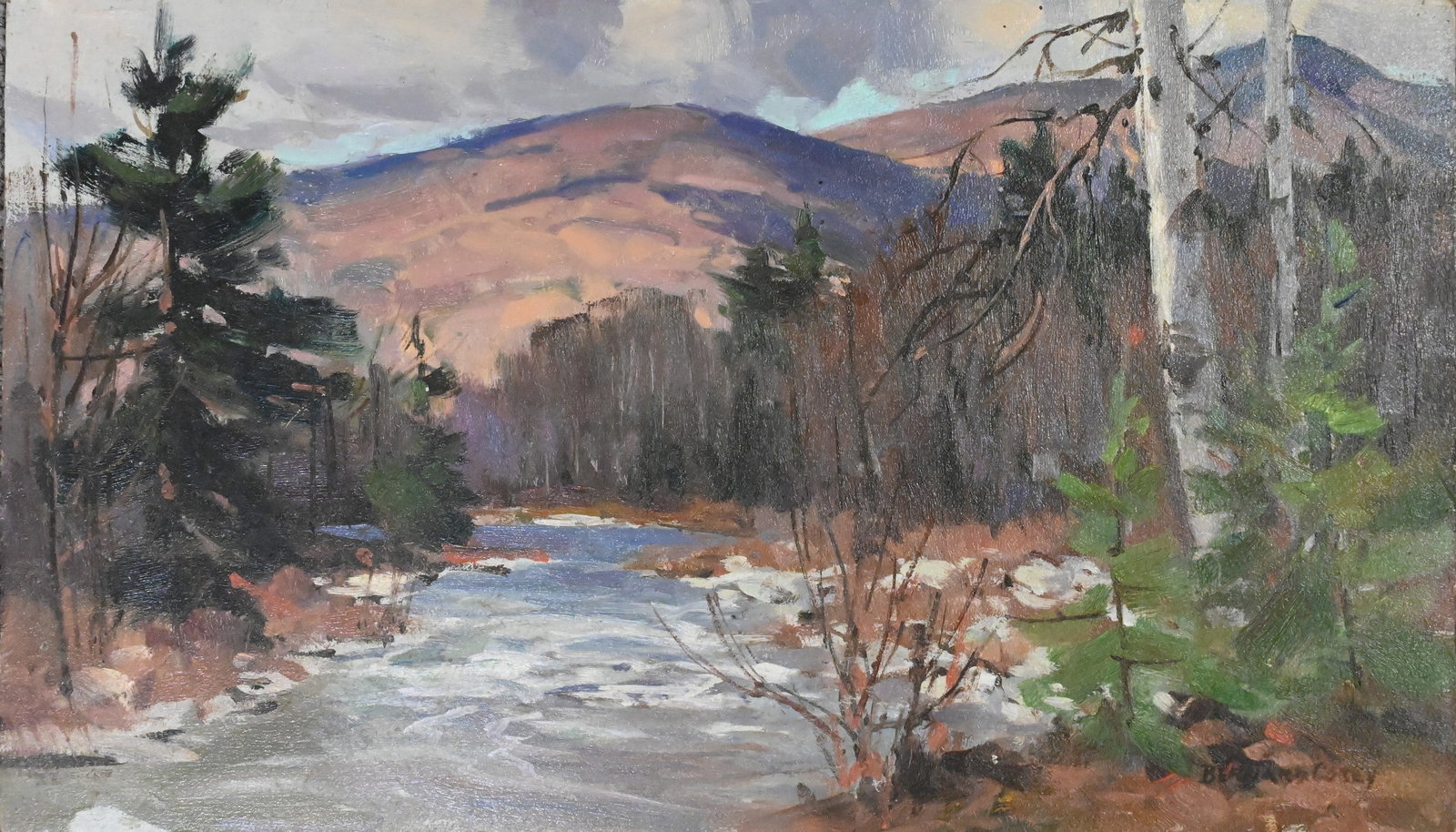 Bernard Corey (American 1914-2000): Bernard Corey (American 1914-2000) "Mountain River Oil on masonite Signed lower right Bernard Corey Label on verso with signed certificate of authenticity by C.Kenneth Corey (nephew and heir to the