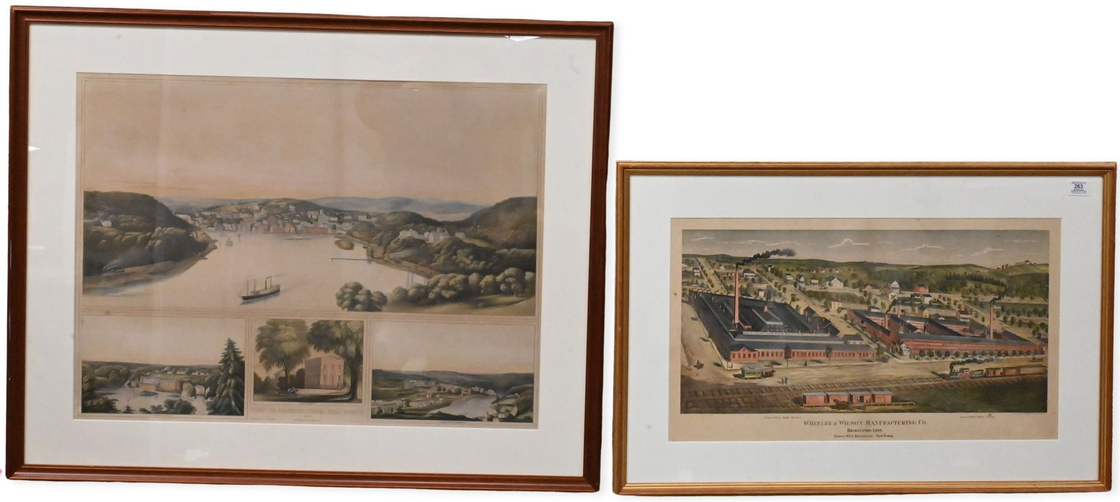 Two Framed Historical Connecticut Bird's-Eye View Lithographs: Two Framed Historical Connecticut Bird's-Eye View Lithographs to include J.D. Crocker, "View of Norwich, From the South," 1853 Lithograph published by Holmes & Co., lithographed by E.C. Kellogg 31