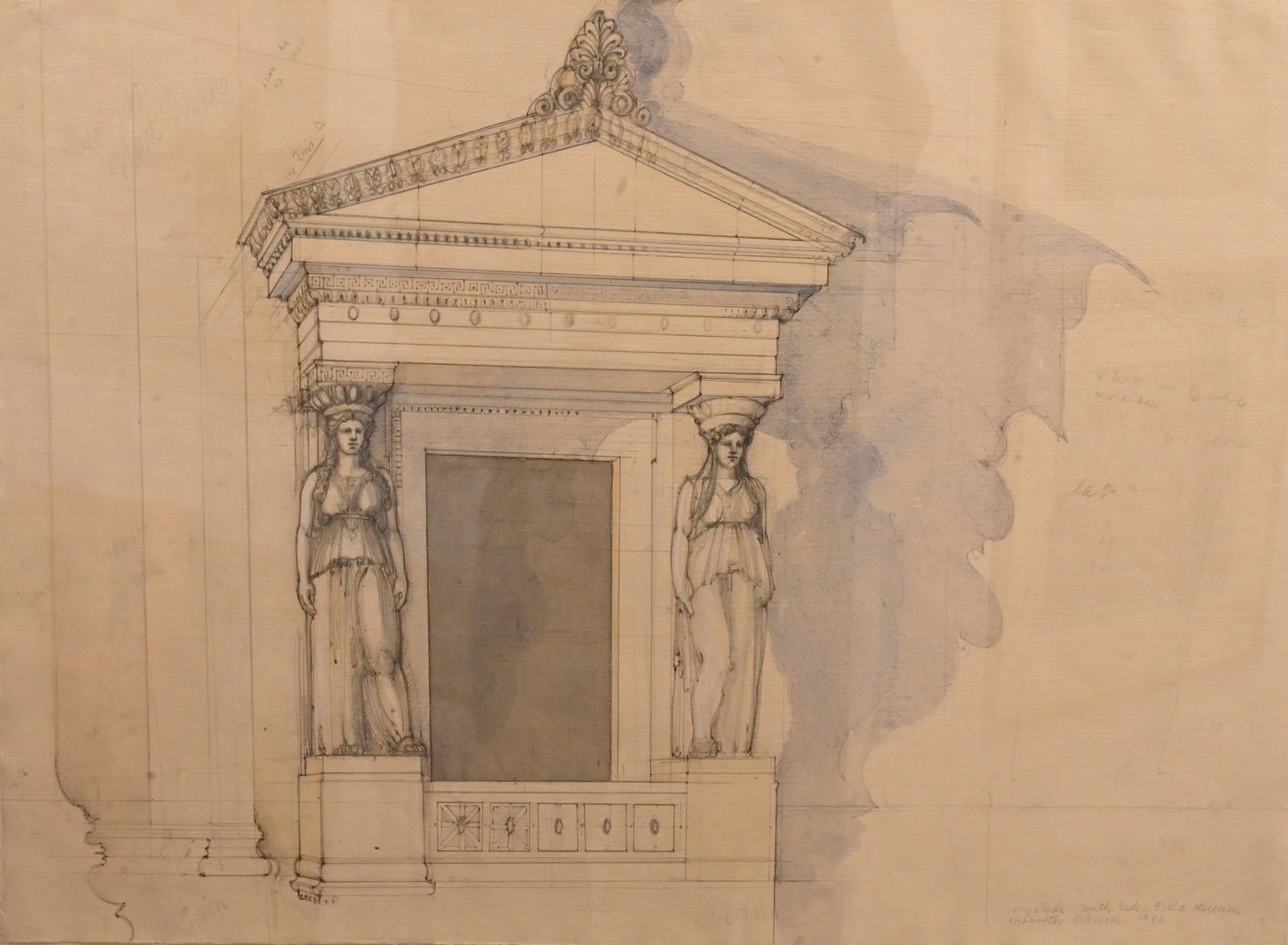 Elizabeth Ockwell (American B.1943): Elizabeth Ockwell (American B.1943) "Caryatids, South Side, Field Museum" Architectural Study, 1982 Watercolor, pencil, gouache on paper Signed and dated lower right Elizabeth Ockwell 1982 19" x 26"