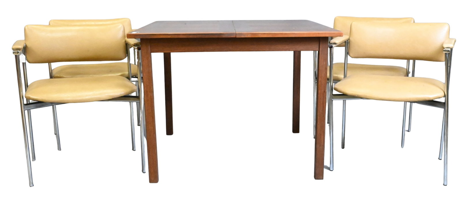 Set of Four Stendig Mid-Century Modern Armchairs: Set of Four Stendig Mid-Century Modern Armchairs and Square Table each chair having beige leather upholstery and chrome frames, signed Stendig height 29 inches, width 23 inches along with Mid Century