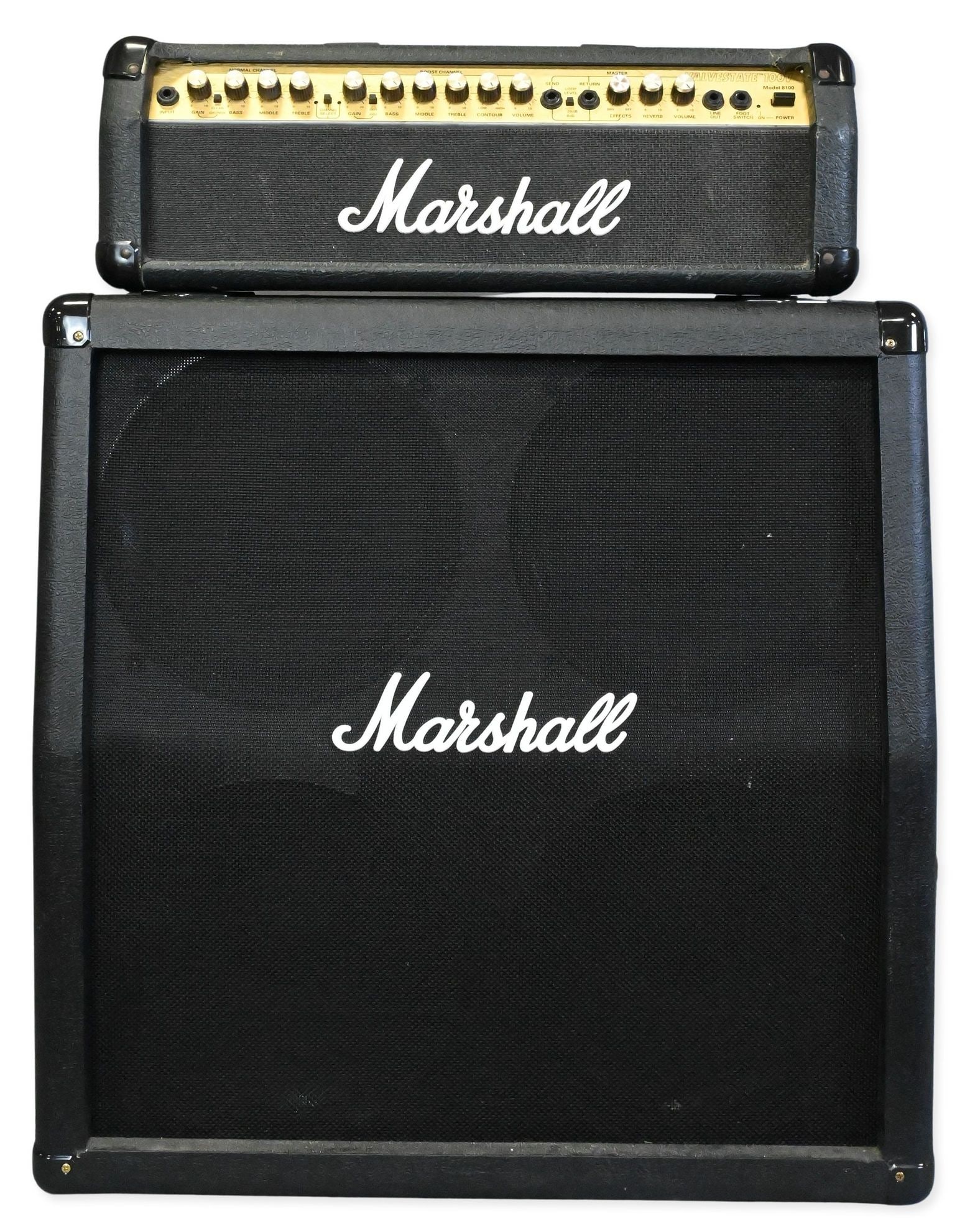 Two Piece Marshall Stack: Two Piece Marshall Stack to include MG 412A guitar cabinet and Valvestate 100V Model 8100 2-Channel 100-Watt Guitar Amp Head, cabinet 27" high