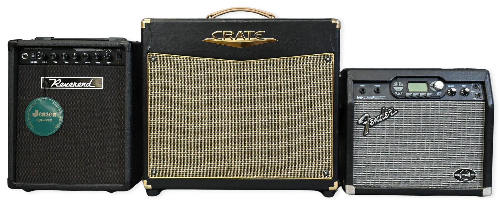 Three Guitar Amplifiers: Three Guitar Amplifiers to include Crate RFX65 Retrofex 3-Channel 65-Watt 12" Guitar Combo Amplifier with DSP effects, cabinet 22" high. Along with Fender G DEC 30 Guitar Combo Amplifier, cabinet 13