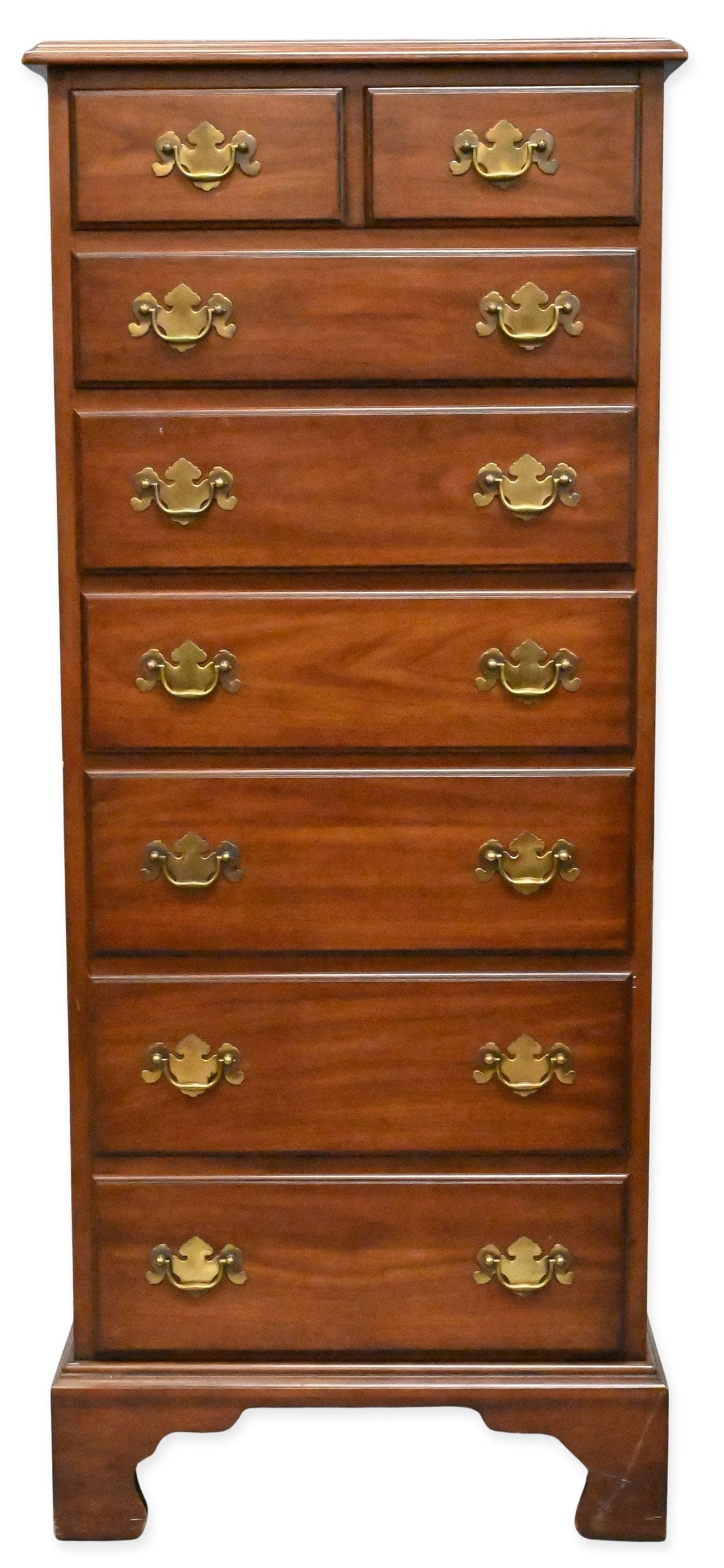 Henkel Harris Lingerie Tall Chest: Henkel Harris Lingerie Tall Chest having eight drawers and set on block feet, bearing Henkel Harris paper label to back height 53 inches, top 16" X 22" Provenance: From an Avon, Connecticut Estate