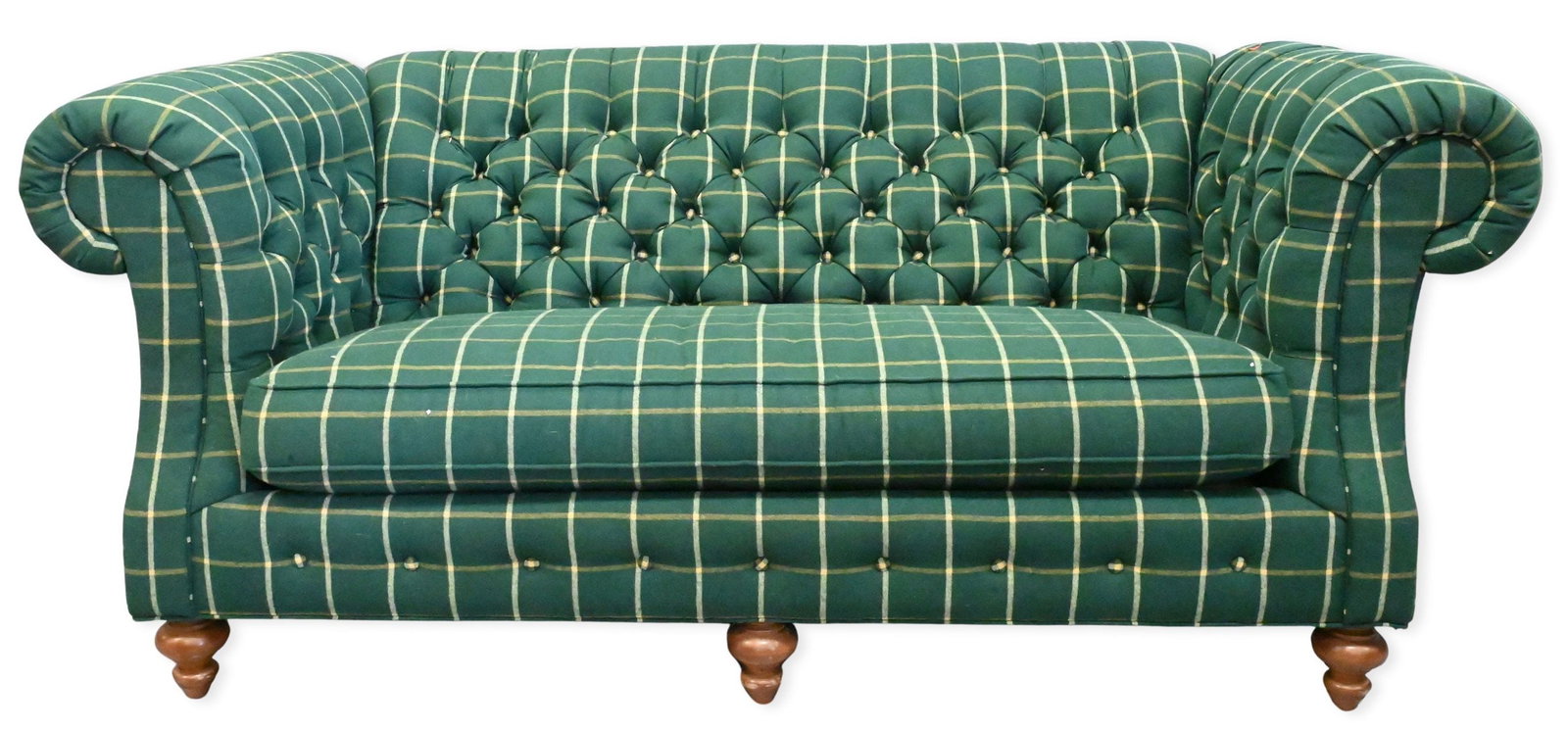 CR Laine Oversized Tufted Loveseat: CR Laine Oversized Tufted Loveseat having wool checked upholstery and bold rolled arms set on turned legs height 34 inches, length 80 inches, depth 39 inches