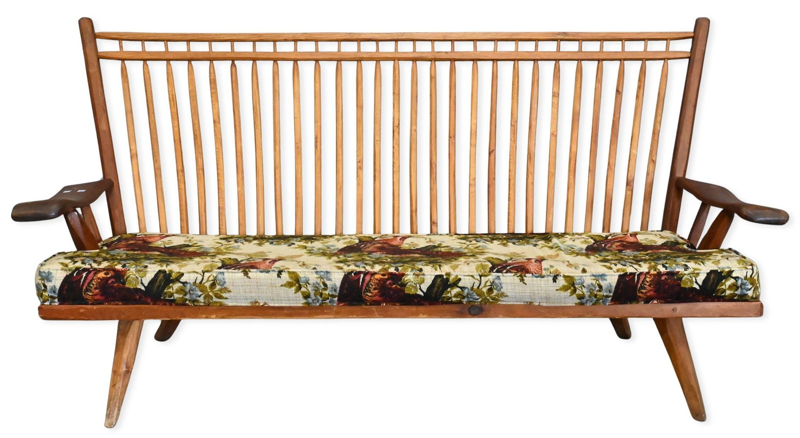 Hunt Arts and Crafts Spindle Bench: Hunt Arts and Crafts Spindle Bench having custom cushion height 41 inches, length 77 1/2 inches, depth 29 inches