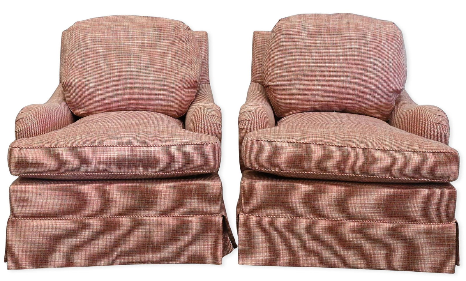 Pair of Custom Upholstered Club Chairs: Pair of Custom Upholstered Club Chairs each having down filled cushions height 31 inches, width 30 inches, depth 37 inches