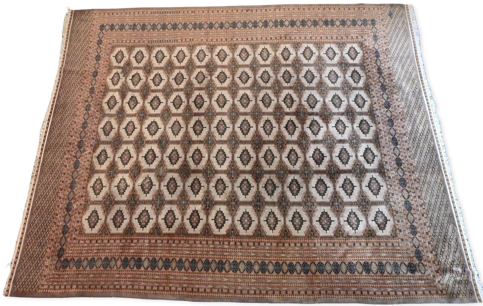 Oriental Bokhara Room Size Carpet: Oriental Bokhara Room Size Carpet having burgundy, taupe, blue, and cream geometric field within multiple guard borders (worn) 9' 5" x 12'