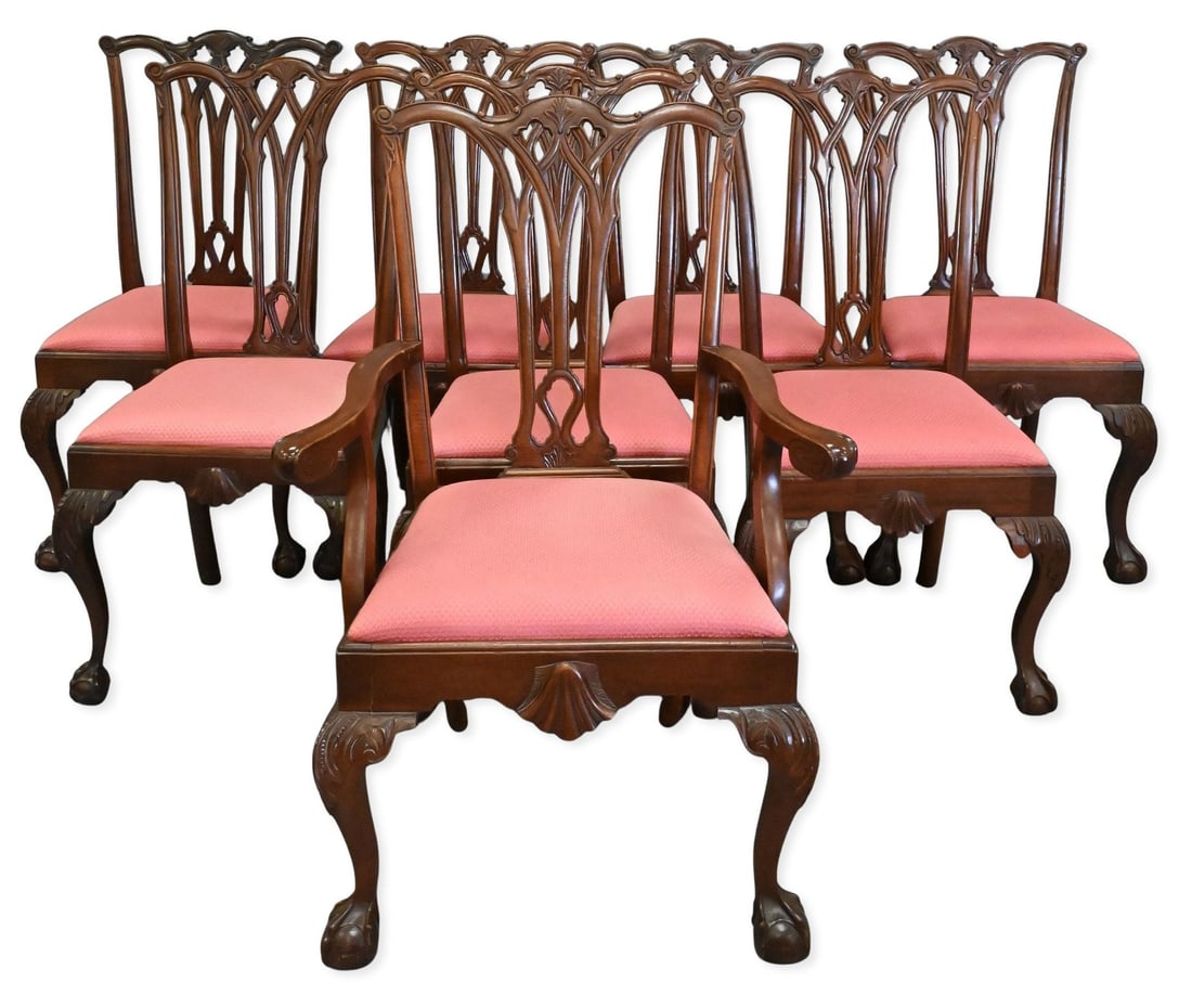 Set of Eight Stickley Mahogany Dining Chairs: Set of Eight Stickley Mahogany Dining Chairs one arm and seven side, each having upholstered slip seat and carved cabriole legs ending in ball and claw feet height 40 1/2 inches, width 24 inches