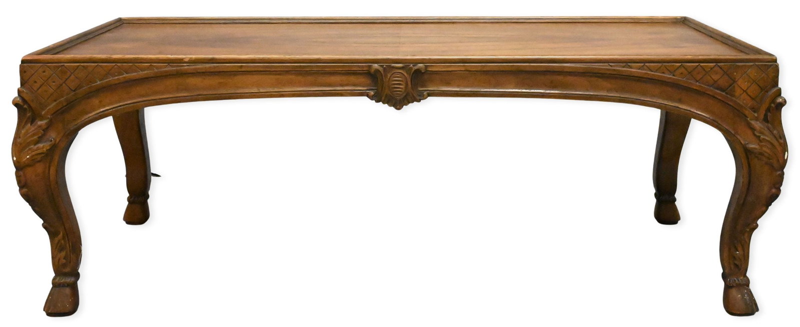 Baker Louis XV Style Coffee Table: Baker Louis XV Style Coffee Table having tray top set on carved base having cabriole legs ending in hoof feet signed Baker to underside height 15 1/2 inches, top 21' x 4 1/2"
