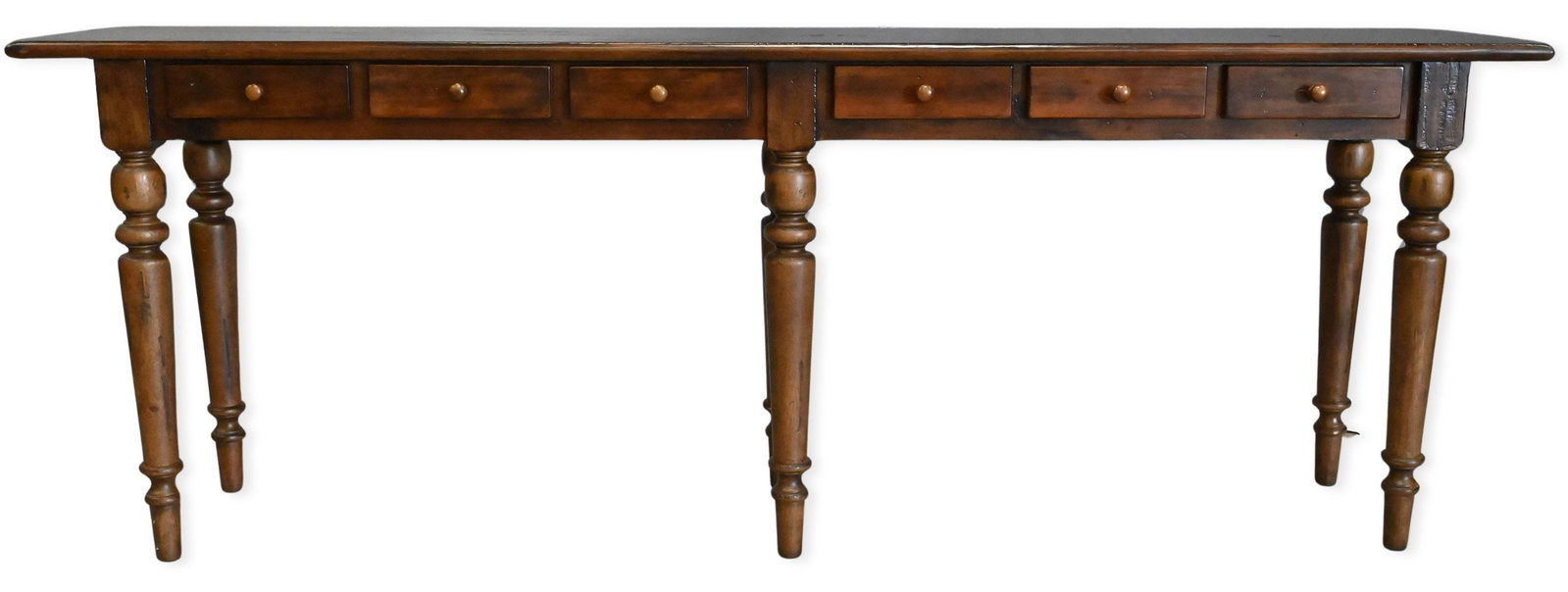 Country Server / Hall Table: Country Server / Hall Table having overhanging top over two banks of three drawers set on six tapered legs height 30 inches, top 16 1/2" x 84"