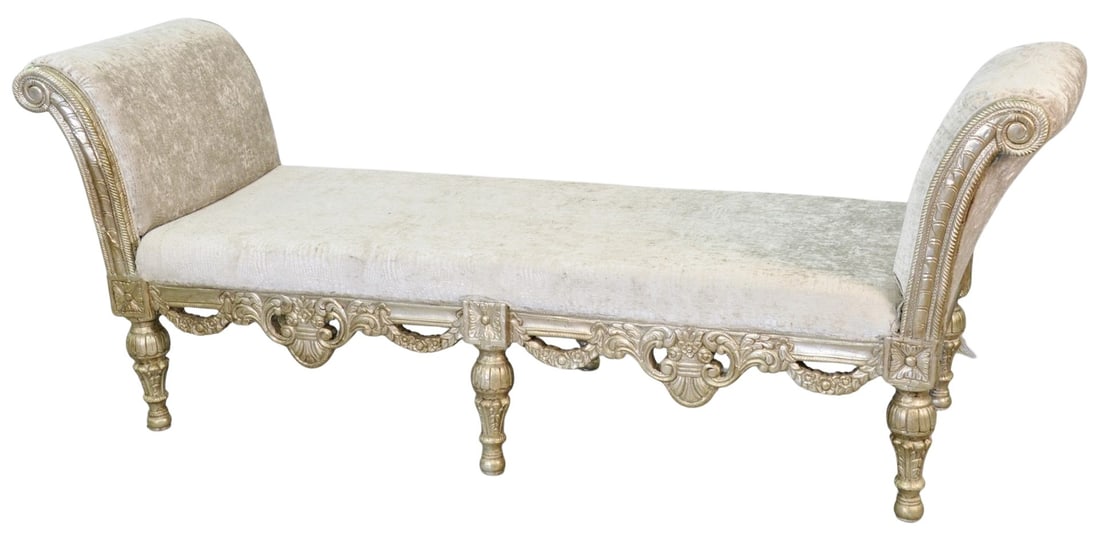 Carved and Embossed Silver Gilt Bench: Carved and Embossed Silver Gilt Bench highly carved in Renaissance style having scrolls and swags, silver faux snake upholstery height 33 1/2 inches, width 86 inches, depth 28 inches