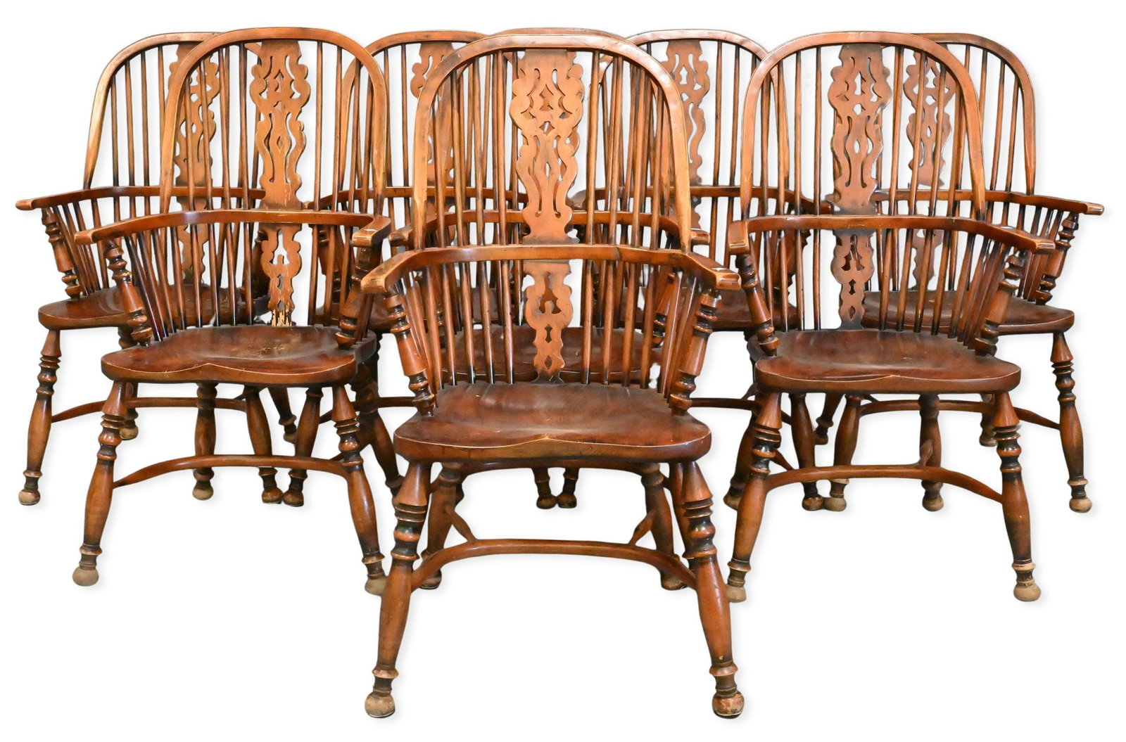 Set of Eight English Windsor Dining Chairs: Set of Eight English Windsor Dining Chairs all having carved central back splats and stretcher bases height 43 1/2 inches, width 24 1/2 inches