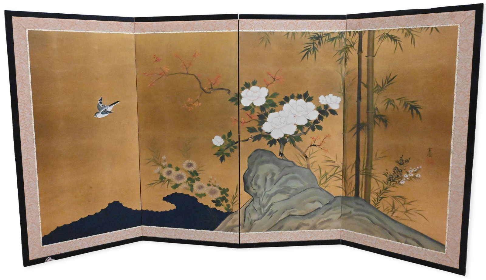 Japanese School Four Panel Gold Folding Screen: Japanese School Four Panel Gold Folding Screen Meiji/Showa style byobu painted with flowering peonies, chrysanthemums, bamboo, rockwork, flowering branches and bird in flight against a gold ground.