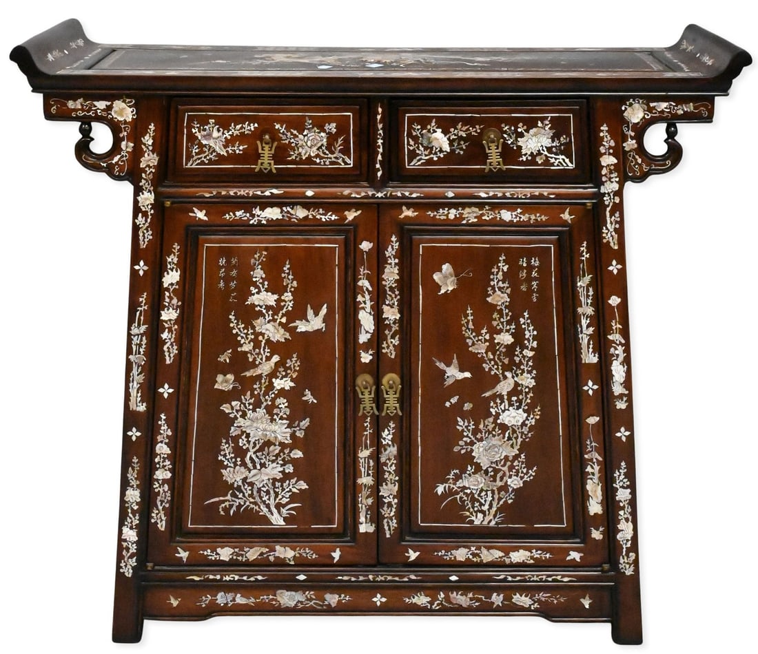 Chinese Alter Table / Cabinet: Chinese Alter Table / Cabinet with shaped tray top over two short drawers, and two cabinet doors, decorated overall with foliate and figural mother of pearl inlay, some inlay missing height 33
