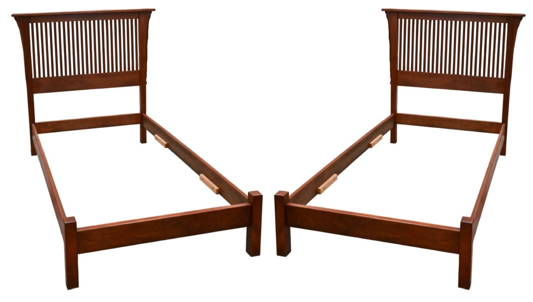 Pair of Stickley Mission Style Cherry Twin Size Beds: Pair of Stickley Mission Style Cherry Twin Size Beds bearing metal Stickley tag on the headboard retail price $1,300 each height 49 1/2 inches, length 81 inches, width 49 1/2 inches