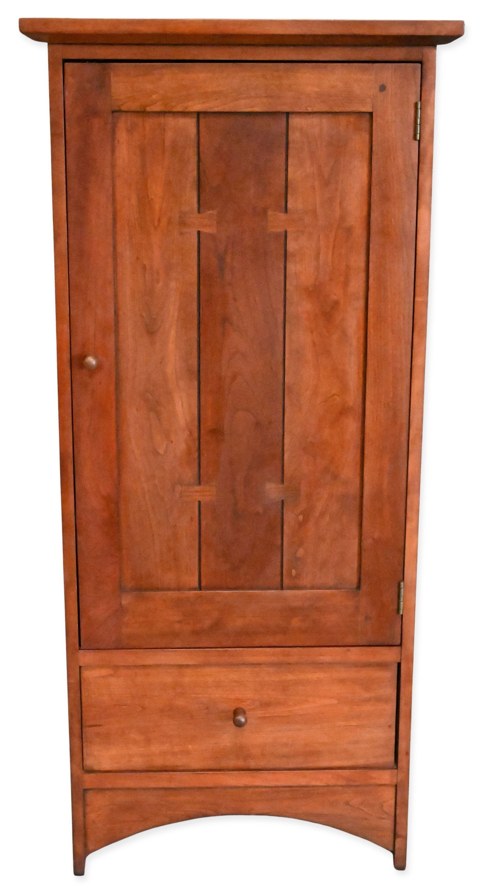 Stickley Mission Style Cherry Cabinet: Stickley Mission Style Cherry Cabinet having one door opening to interior shelving over 1 drawer Stickley tag to drawer height 50 1/2 inches, top 23" x 23"