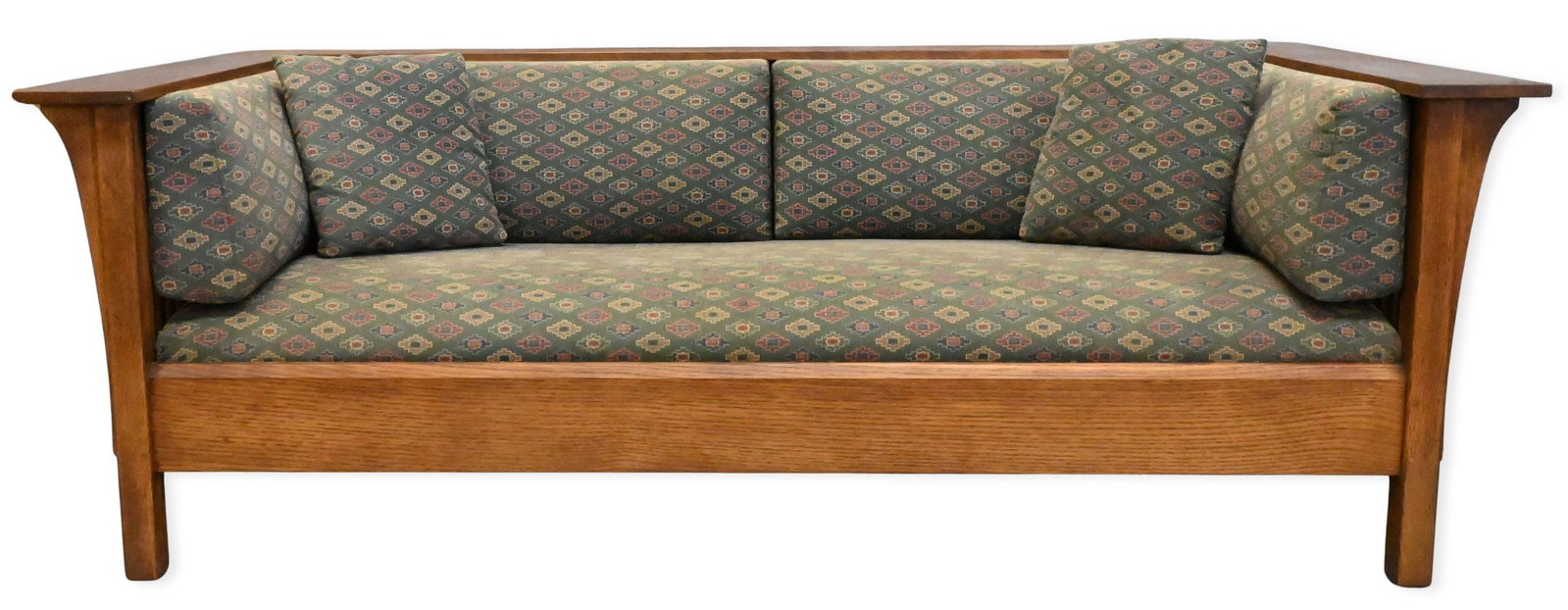 Stickley Mission Oak Spindle Settee Sofa: Stickley Mission Oak Spindle Settee Sofa having Stickley label to underside height 29.5 inches, length 85 inches, depth 37.5 inches