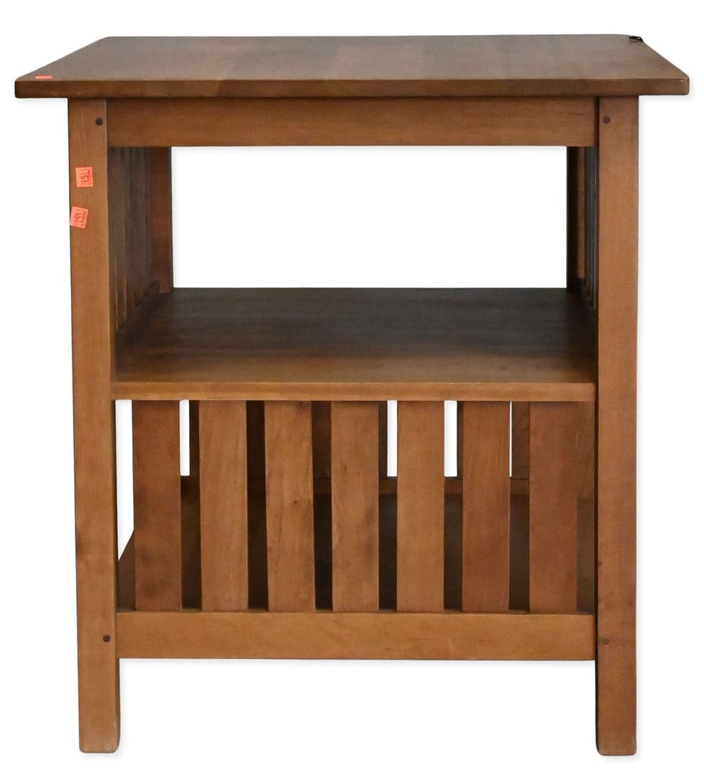 Stickley Mission Style Cherry Slatted "Encyclopedia" Table: Stickley Mission Style Cherry Slatted "Encyclopedia" Table having two tiers and bearing Stickley metal label to underside height 29 inches, top 27" X 27"