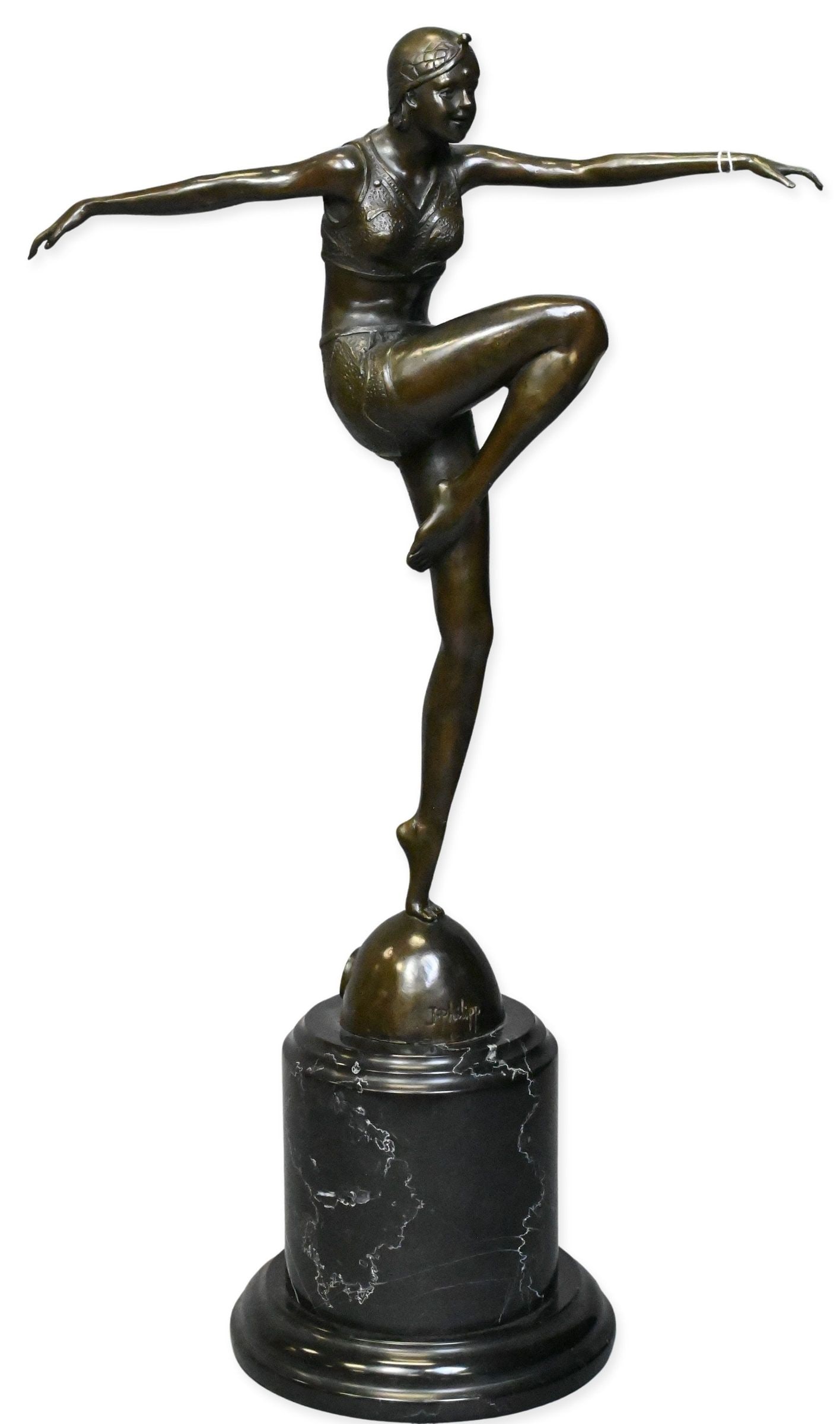 After Johann Philipp Ferdinand Preiss (German 1882-1943): After Johann Philipp Ferdinand Preiss (German 1882-1943) "Art Deco Dancer" Patinated bronze sculpture depicting a female dancer balanced on one foot, arms outstretched, mounted on a black marble