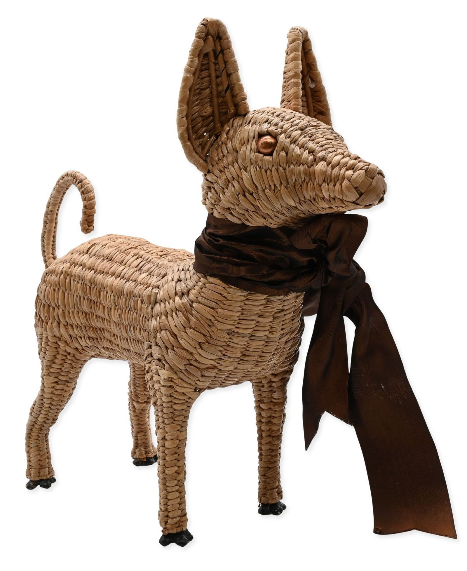 Attributed to Mario Lopez Torres (Mexican, B.1952): Attributed to Mario Lopez Torres (Mexican, B.1952) Chihuahua Dog Sculpture woven reed over metal armature depicting a standing dog having applied eyes and metal feet height 14 inches, length 15 inches