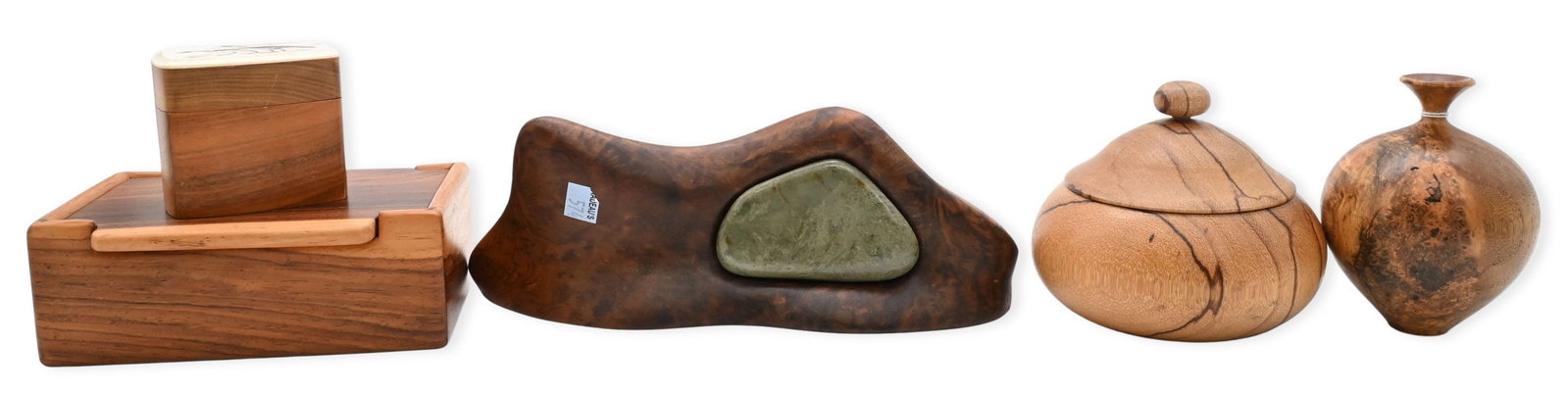 Group of Artisan Handmade Wood Boxes and Decorative Objects: Group of Artisan Handmade Wood Boxes and Decorative Objects to include Barry Biesanz (American, B.1948) cocobolo jewelry box, 1997; Orana Tahl scrimshaw decorated box depicting geese; burlwood bud