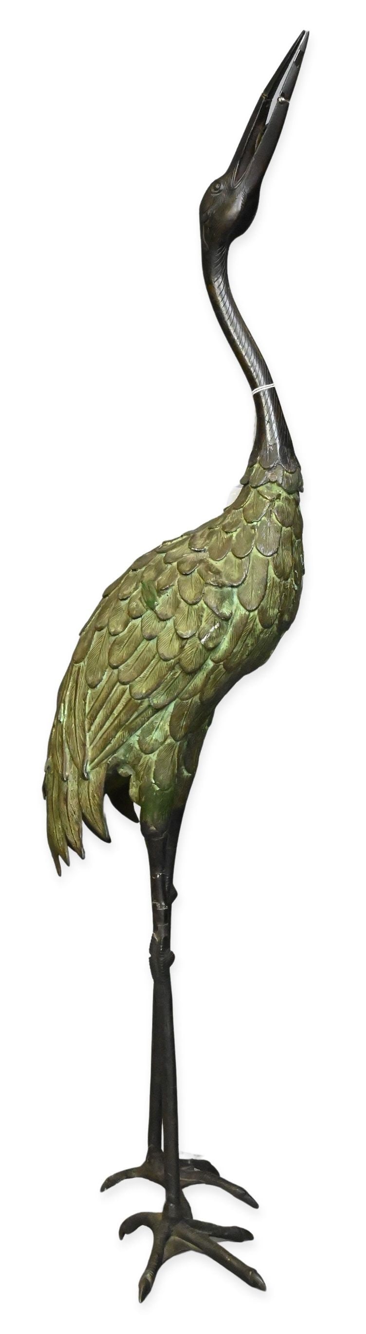 Bronze Crane Garden Sculpture: Bronze Crane Garden Sculpture patinated bronze figure of a standing crane, having a long raised neck, open beak (repaired), finely modeled layered feathers, retaining a green verdigris patina height 3