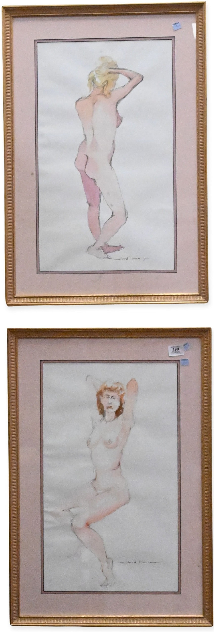 Jilard Mann (American, 20th Century): Two: Jilard Mann (American, 20th Century) Female Nude Studies Watercolor, pen and ink on paper in matching giltwood frames Both signed Jilard Mann 28 1/2" x 19 1/2" frames