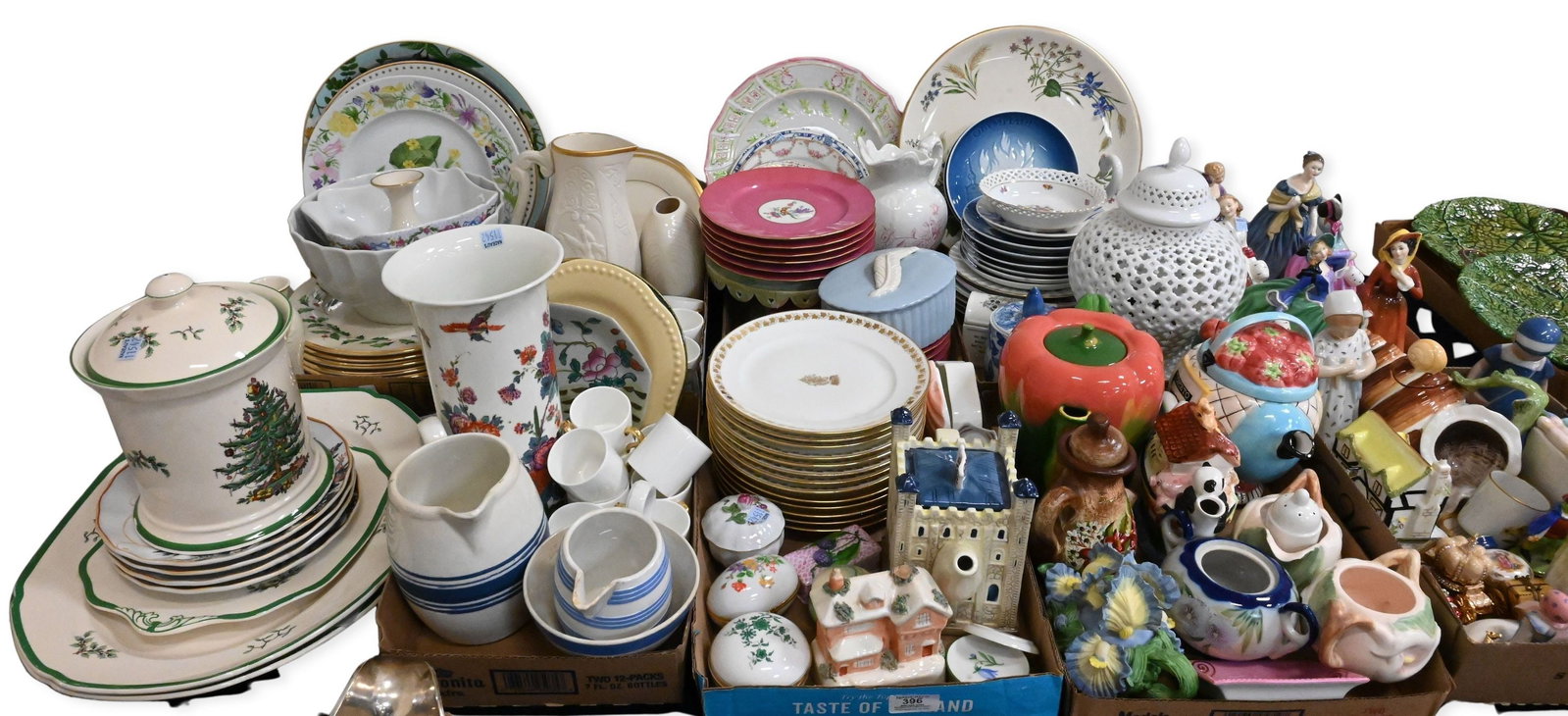 Eight Box Lots of Royal Doulton Figures, Novelty Teapots and Decorative Porcelain: Eight Box Lots of Royal Doulton Figures, Novelty Teapots and Decorative Porcelain to include Royal Doulton lady figures, including "Julia" HN 2705 height 7 inches; assorted figural, architectural, cot