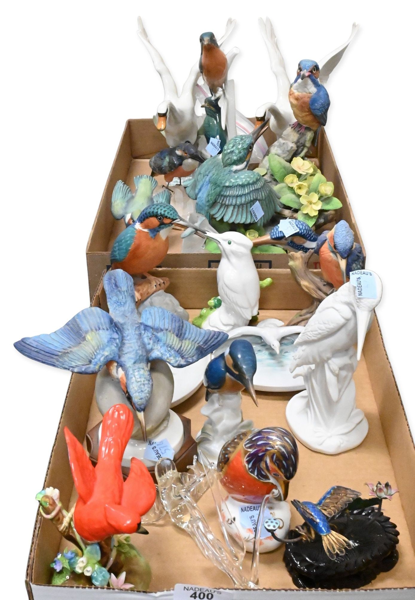 Group of Mostly Kingfisher Porcelain and Decorative Bird Figures: Group of Mostly Kingfisher Porcelain and Decorative Bird Figures to include Boehm porcelain kingfishers, having losses; Royal Crown Derby; Goebel; Spode; Wedgwood; cloisonne; Royal Worcester; and