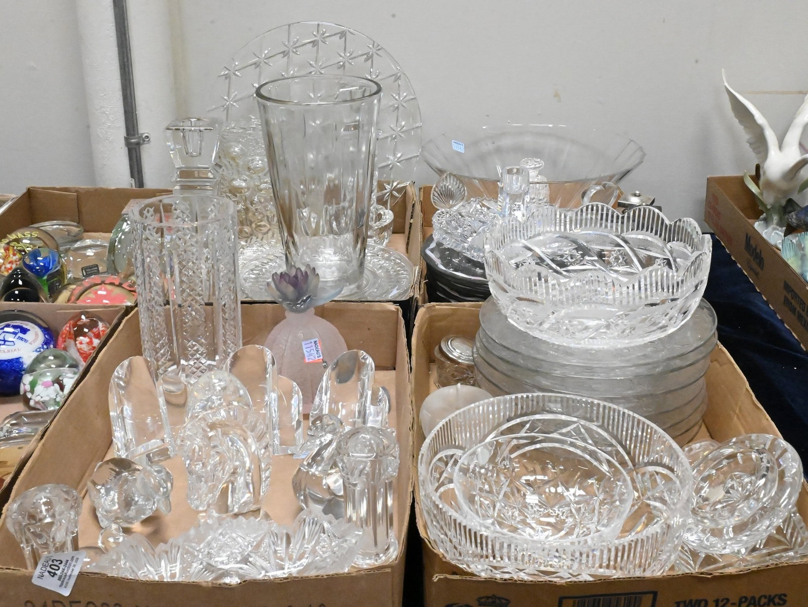 Four Box Lots of Designer Crystal and Glass: Four Box Lots of Designer Crystal and Glass to include Waterford crystal bowl and horse chess piece paperweight; three Steuben sideways heart sculptures and Steuben egg paperweight; Paloma Picasso for
