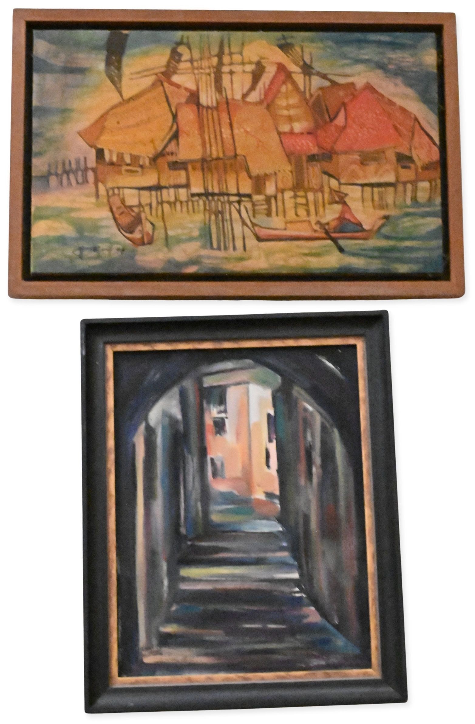Four Framed Landscapes and Cityscapes: Four Framed Landscapes and Cityscapes to include W.T. Carlsen (20th Century) New York Cityscape Oil on board, signed lower right W.T.Carlsen 10" x 10" board Daniel Lang (American, 1931-2013)