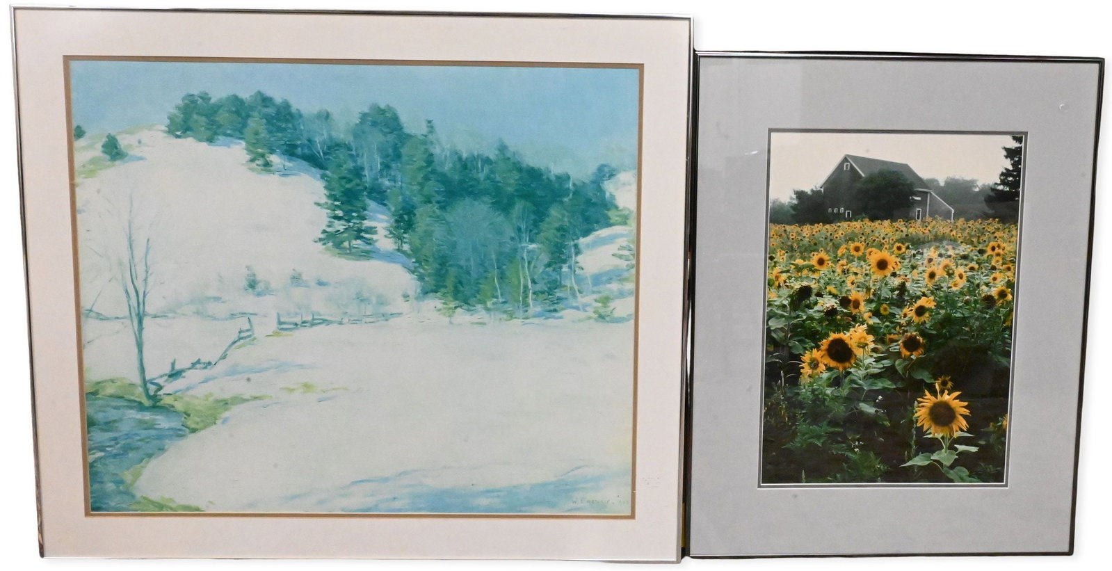 Six Large Decorative Framed Landscapes and Cityscapes: Six Large Decorative Framed Landscapes and Cityscapes to include After Willard Metcalf "The Last Snow" offset lithograph, Ronald Wilson "Sunflower, Newell, Mass" photograph print, After Paul Wenck