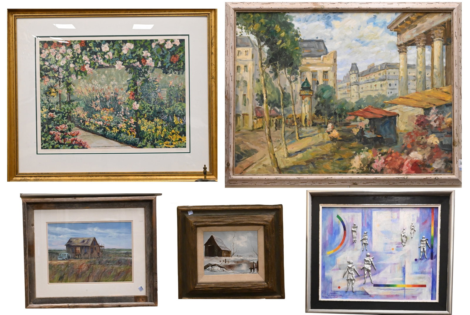 Large Decorative Framed Grouping to include: Large Decorative Framed Grouping to include Two Large Framed Nancy E. Bowen (20th/21st Century) Pieces "Riverwalk" Lithograph, edition 117/275 Garden Scene with Arbor and Roses Lithograph, edition