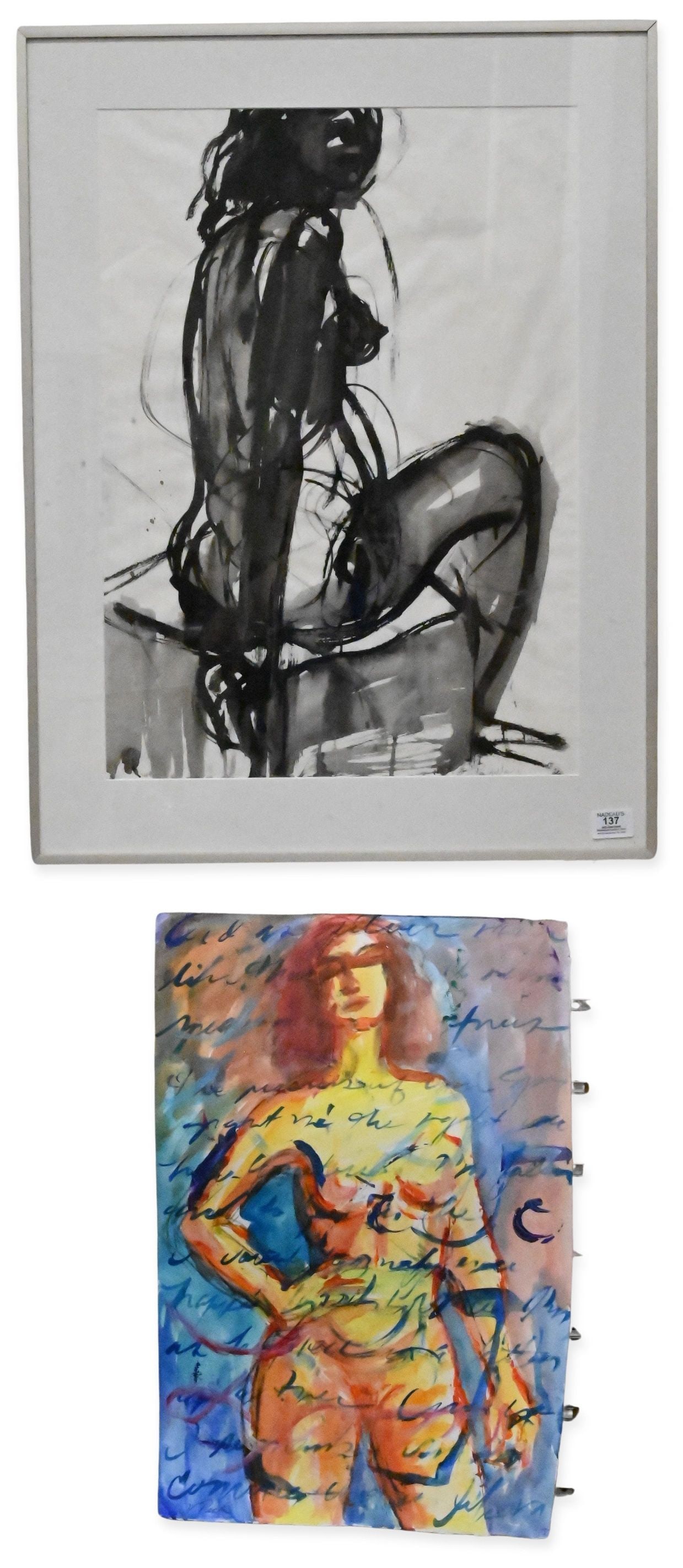 Two Framed Figure Studies: Two Framed Figure Studies to include Virginia Peck (American, 20th/21st Century) Watercolor on paper depicting a female figure with script throughout Signed lower left V.Peck, stamped verso 23" x 15"