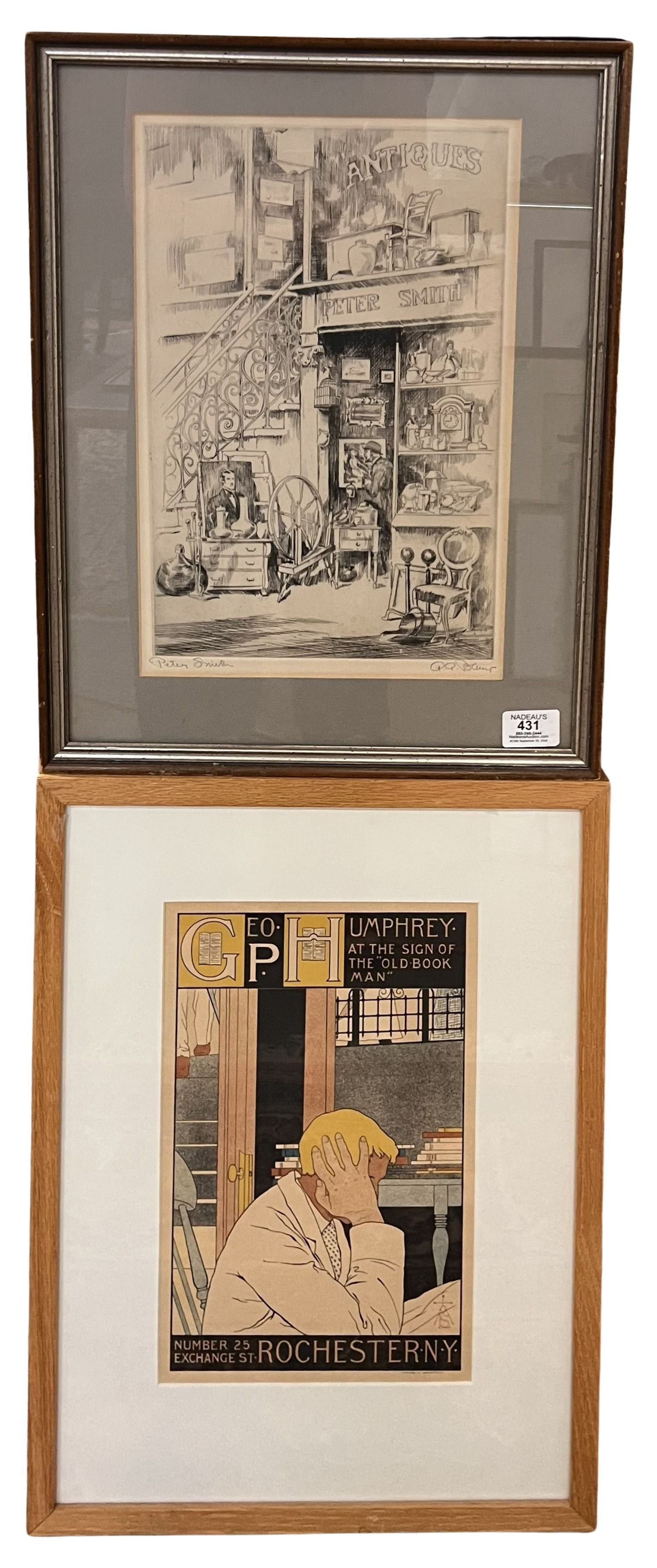 Two Framed Belle Epoque Storefront Advertisements: Two Framed Belle Epoque Storefront Advertisements to include M. Louise Stowell (American, 1861–1930) “Geo. P. Humphrey, At the Sign of the Old-Book Man,” 1897 Lithograph from Les Maîtres