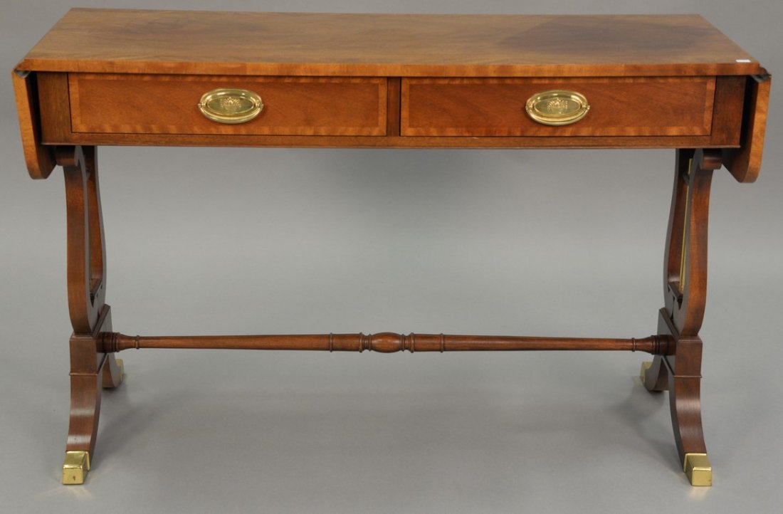 Baker Duncan Phyfe style mahogany banded inlaid sofa: Baker Duncan Phyfe style mahogany banded inlaid sofa table with two drawers. ht. 28in., lg. 44in., dp. 16in.