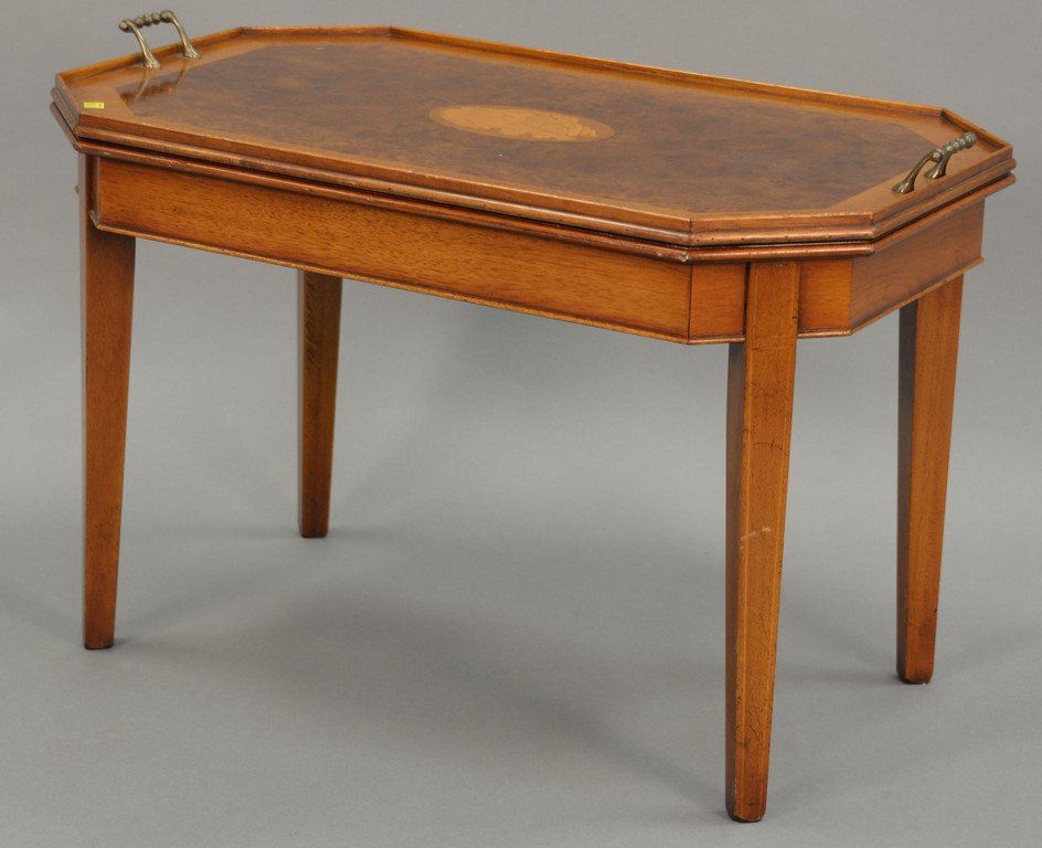 Burl mahogany inlaid tray top table with shell inlaid (1 of 4)