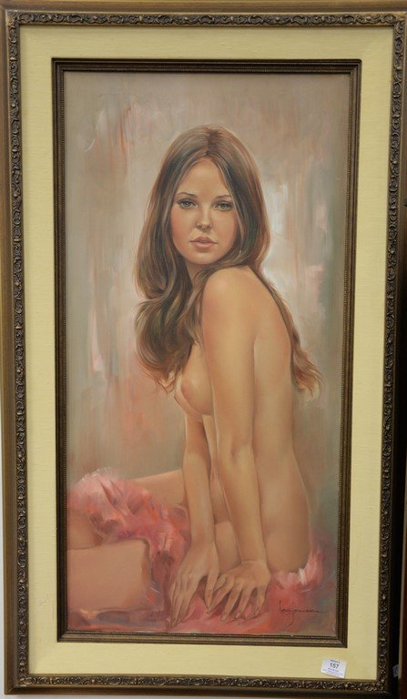 Leo Jansen (1930-1980) oil on canvas, nude brunette,: Leo Jansen (1930-1980) oil on canvas, nude brunette, signed lower right Leo Jansen, 36" x 18".
