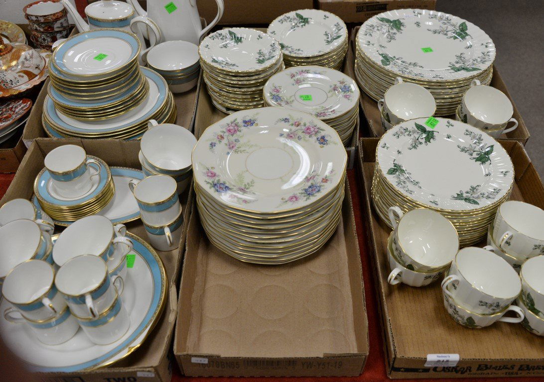 Two porcelain dinnerware sets to include a Royal: Two porcelain dinnerware sets to include a Royal Worcester Valencia set and a Royal Crown Derby china set Fifth Avenue and a set of Haviland Limoges plates and saucers.