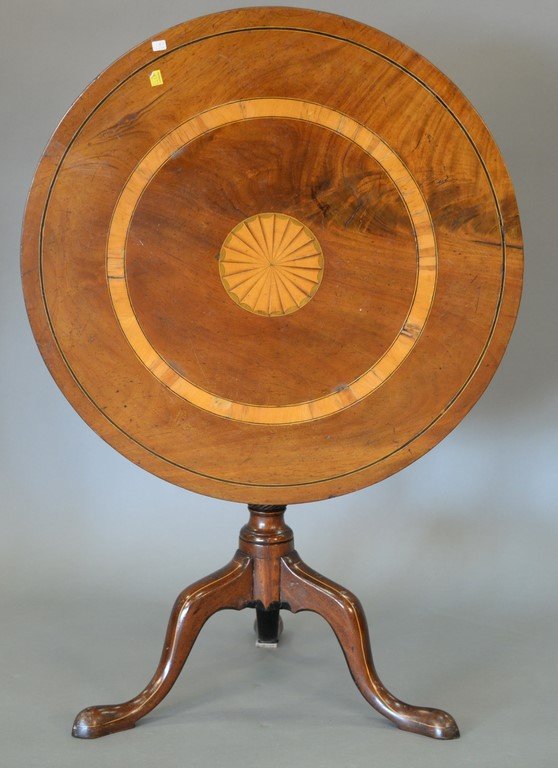 Mahogany tip table with inlaid top on tripod base, late (1 of 4)