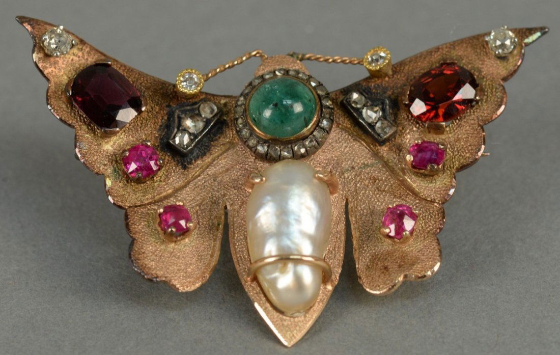 14K butterfly pin set with diamonds, rubies, emerald, (1 of 6)