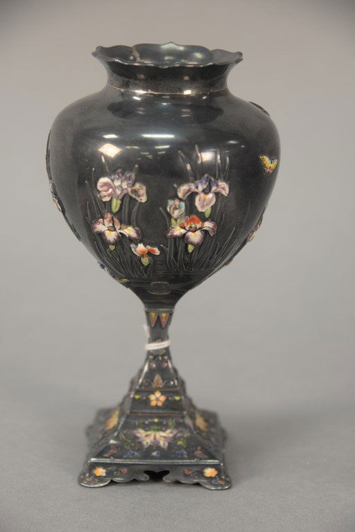 Japanese silver enameled vase with enameled flowers, (1 of 6)