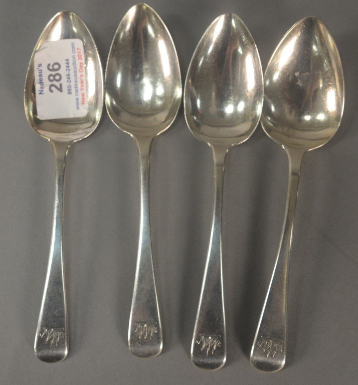 Set of four English silver spoons, each with three (1 of 5)