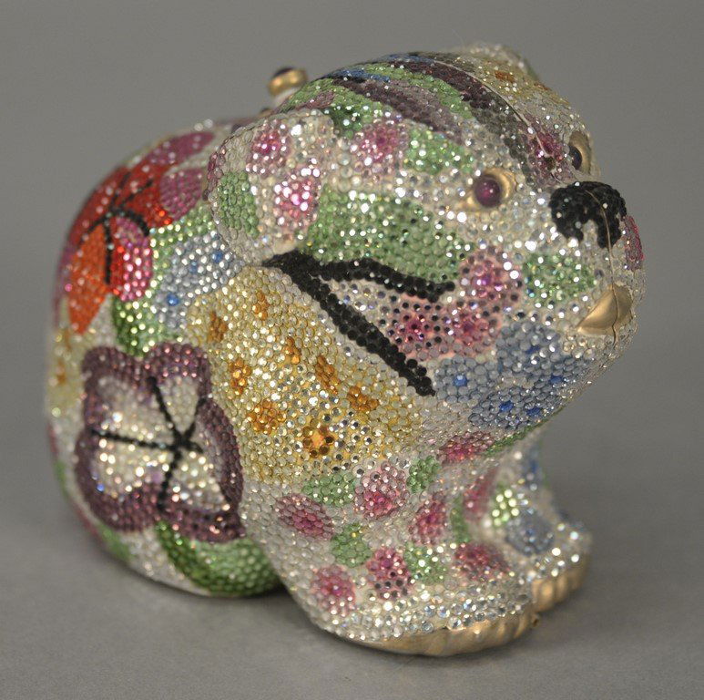 Judith Leiber jeweled crystal miaudiere purse "Millie",: Judith Leiber jeweled crystal miaudiere purse "Millie", the dog clutch having bright colored flower design and fitted with original mirror, comb, and shoulder strap. ht. 3 1/2in., lg. 5in.