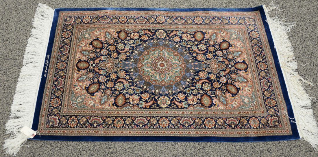 Qum silk Oriental throw, signed.  2'7" x 4' (1 of 4)