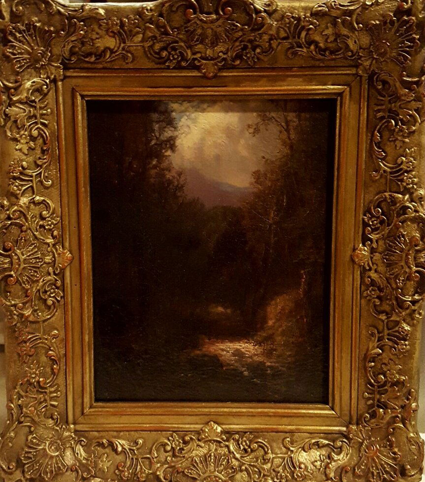 David Johnson oil on canvas landscape River and Deer: David Johnson oil on canvas landscape River and Deer initialed lower right: DJ 10 1/4" x 8"