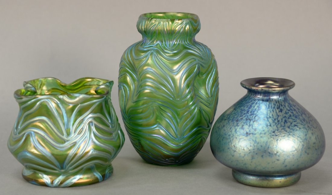 Three Loetz art glass vases to include a green oil spot (1 of 8)
