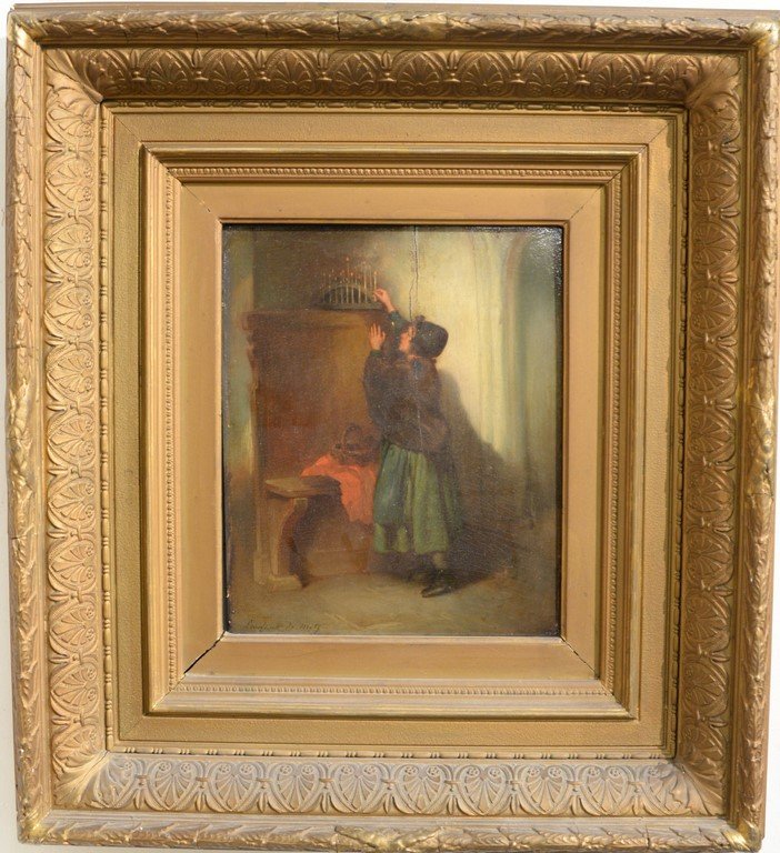 Francois Louis Lanfant de Metz (1814-1892) oil on: Francois Louis Lanfant de Metz (1814-1892) oil on panel Young Girl Lighting the Candles signed lower left: Lanfant de Metz (crack down center of panel) 10 3/4" x 8 1/2"