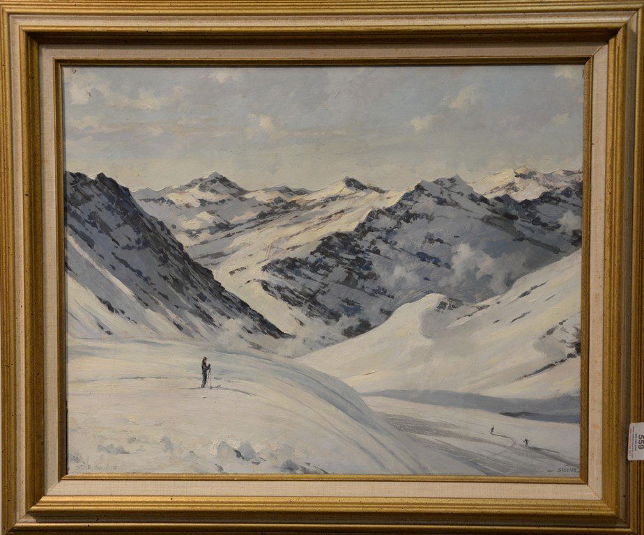 Eric Sloane (1905-1985) oil on board "Near Davos": Eric Sloane (1905-1985) oil on board "Near Davos" Skiing in the snowy mountains signed lower left: Sloane 16" x 21"