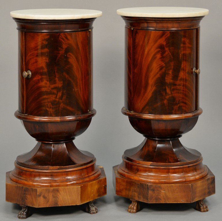 Pair of Empire round mahogany stands having marble tops (1 of 5)